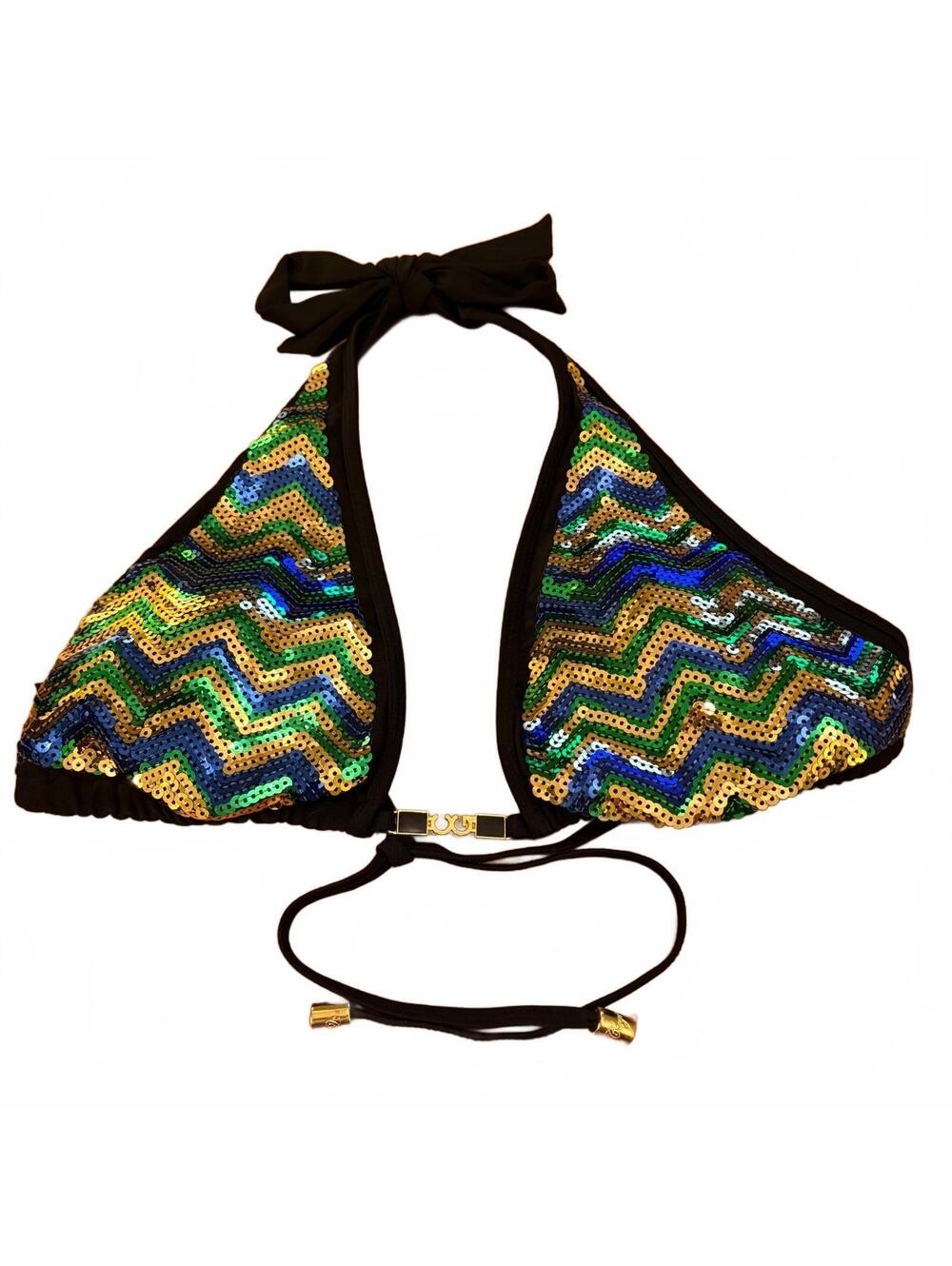 Coogi Sequin Zigzag Pattern Halter Bikini Top Medium Multicolor Festival Y2K